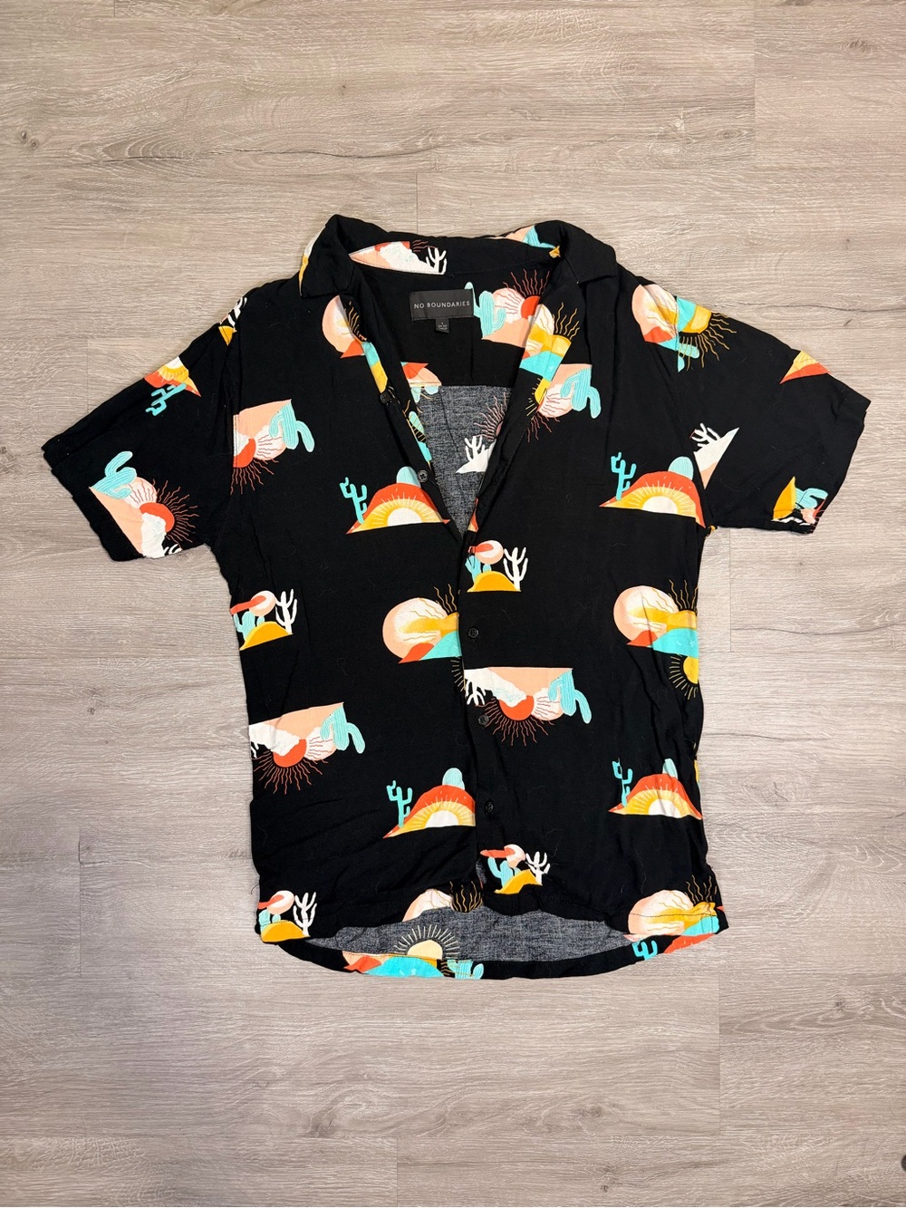 No Boundaries Black Short-Sleeve Button Shirt with Desert Motif